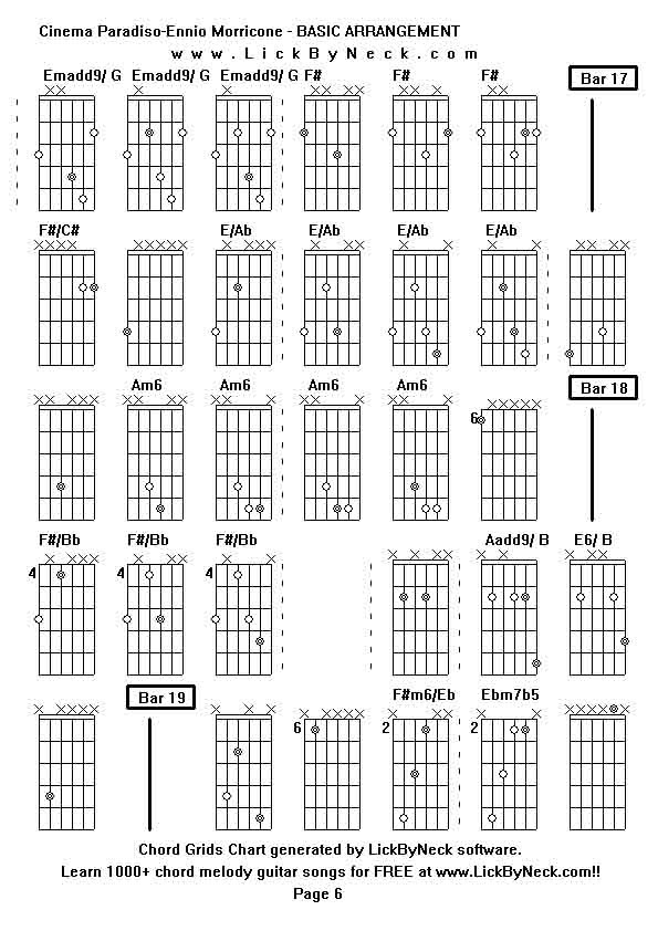 Chord Grids Chart of chord melody fingerstyle guitar song-Cinema Paradiso-Ennio Morricone - BASIC ARRANGEMENT,generated by LickByNeck software.